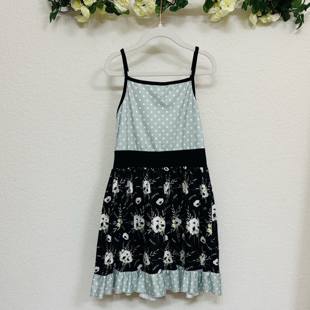 Pete + Lucy • Girls Blue Polka Dot Black Floral Ruffle Twirl Dress
